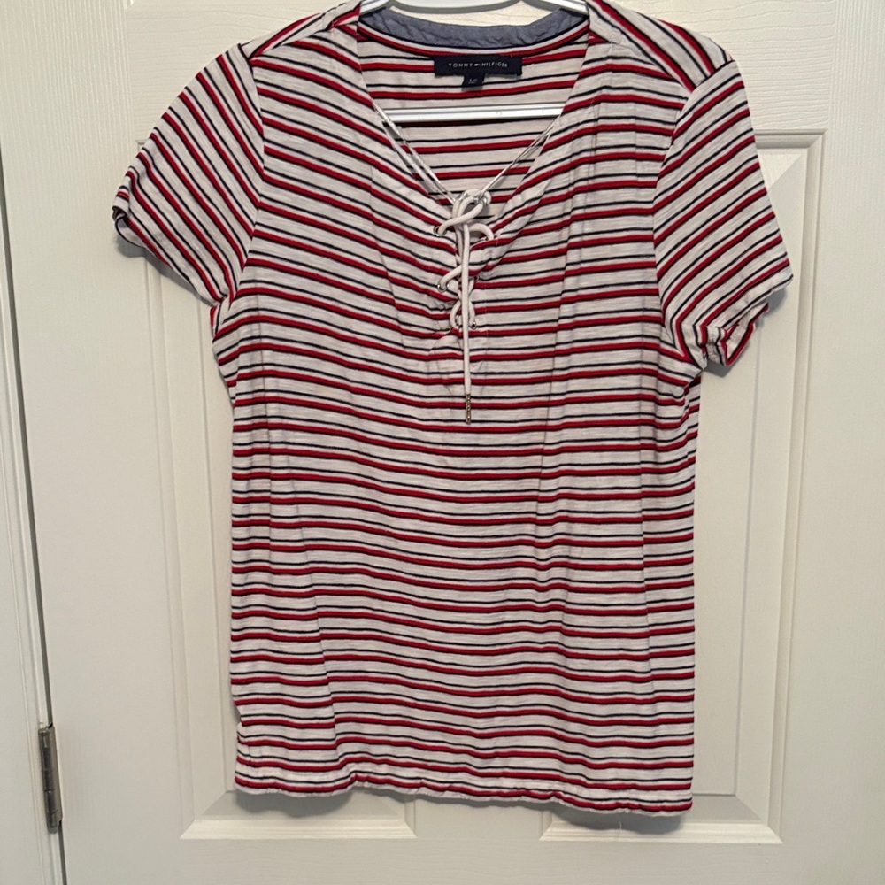 Tommy Hilfiger Red and White Lace-Up Striped Tee